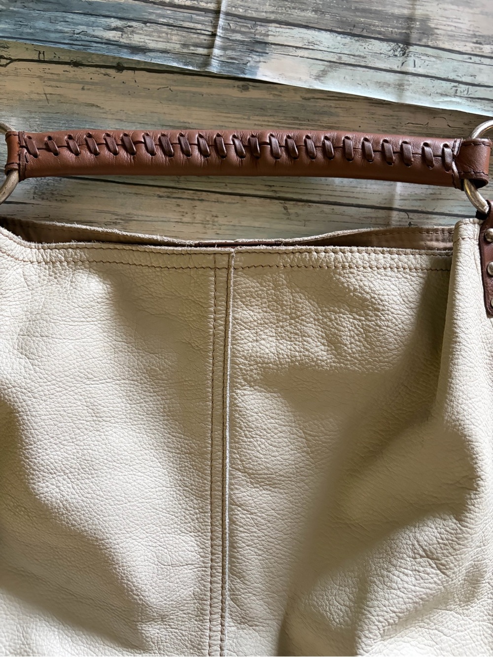 Lucky Brand Cream Leather Shoulder Hobo with Brown Handle - Picture 3 of 6